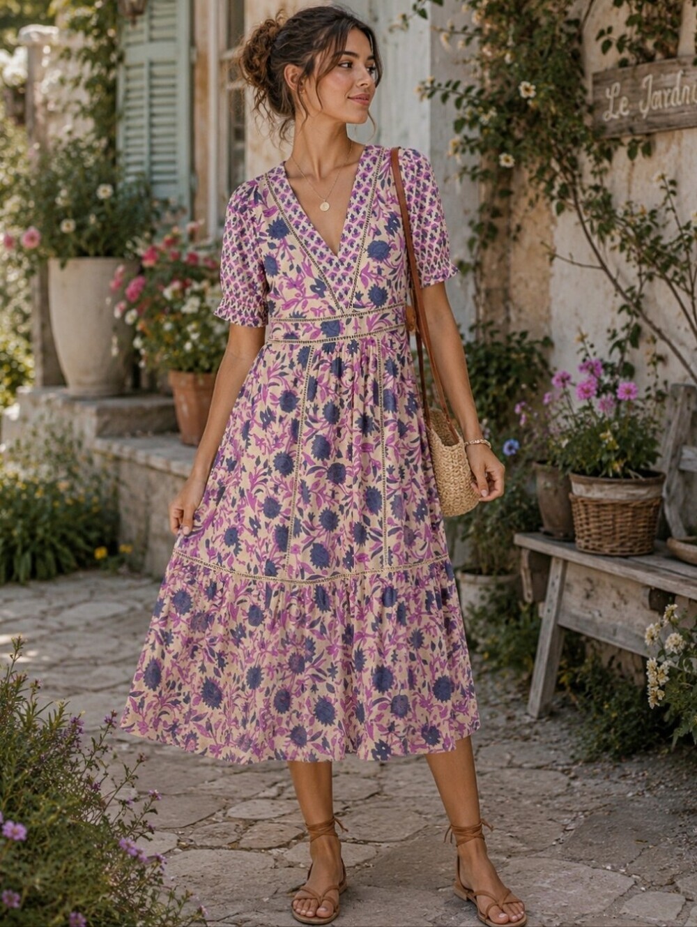 dRA Maisie Puff Sleeve Midi Dress With Crochet Trim In Ivory Floral V-neck NWOT